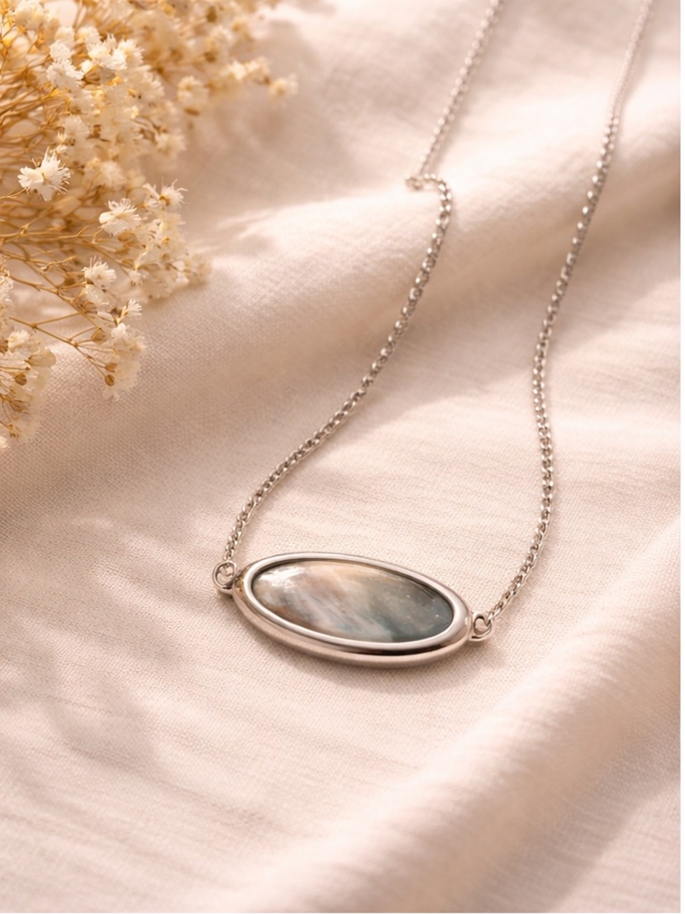Vintage 1977 Avon Silver Tone Abalone Shell Inlay Slider Necklace 18”